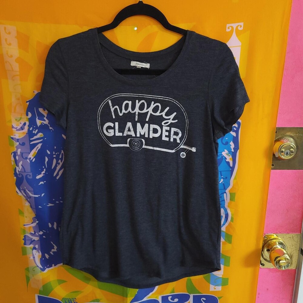 Navy blue "Happy Glamper" graphic tee with white text and graphic of a vintage c